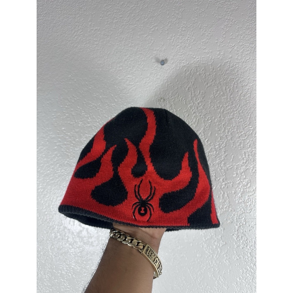 Spyder Black Red Flame Knit Beanie Hat One Size Winter Ski Snowboarding